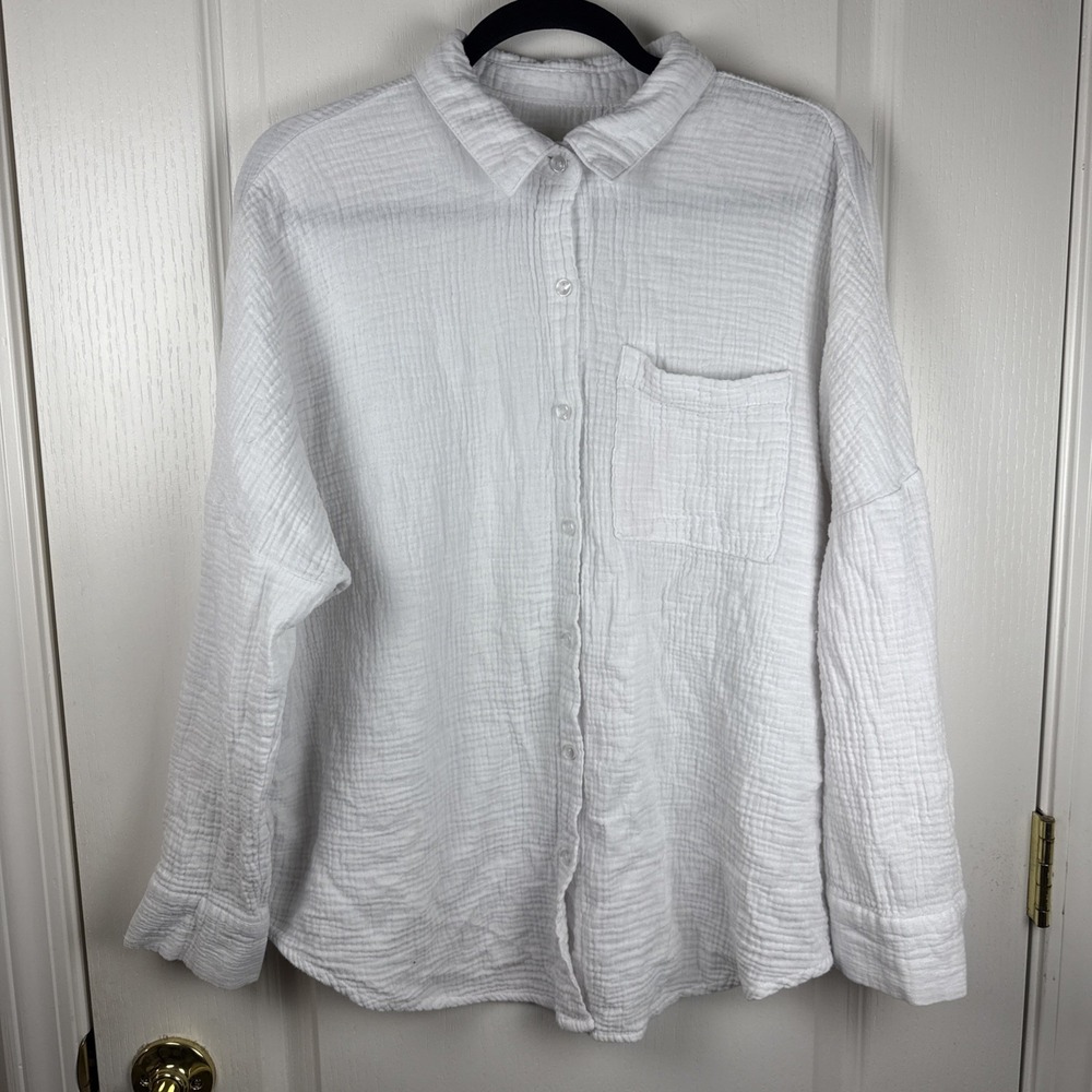 Ultra Flirt Cotton Gauze Button Down Shirt Sz 1X White Oversized Coastal
